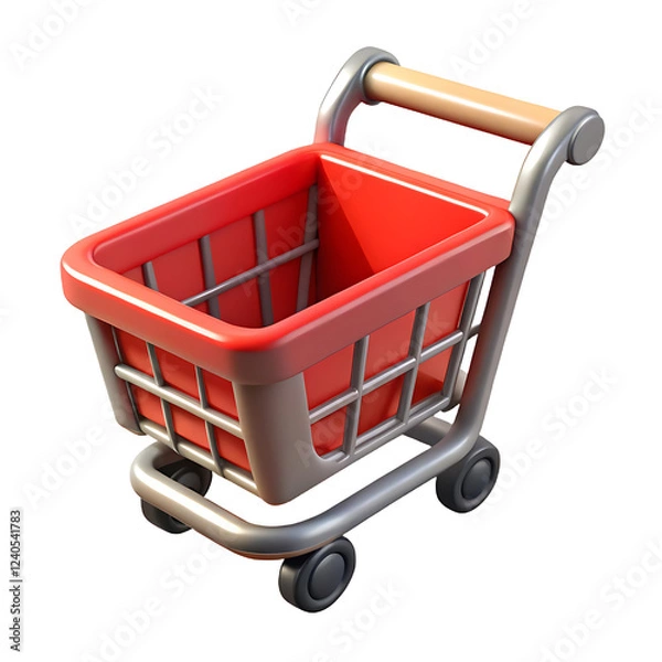 Fototapeta Shopping cart icon, red plastic basket, metallic frame, stylized 3D render, isometric view, e-commerce symbol, grocery store icon, simplified design, clean lines, miniature scale, product illustration