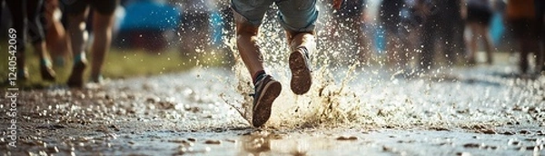 Fototapeta A thrilling moment captured as individuals run through a shallow puddle, splashing water in the air, showcasing the joy of outdoor activities and carefree fun during wet conditions