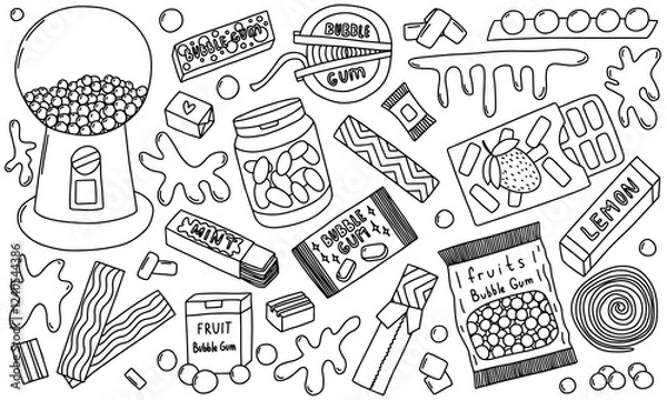 Obraz Bubble gum doodle vector set. Hand drawn kinds of bubble gum sketch set. Chewing pads with mint, bubblegum roll, balls, pillows and sticks.