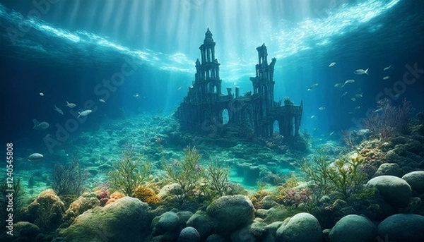 Fototapeta Fantasy underwater seascape with lost city. Generative A