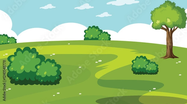 Fototapeta Spring mountain landscape with lake and colorful flowers. Vector cartoon illustration of majestic rocky peaks, green hills and valley, blue pond under sunny sky with clouds.