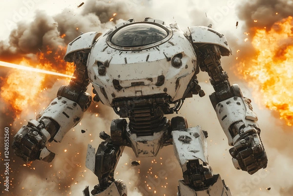 Obraz White War Machine Amidst Explosions