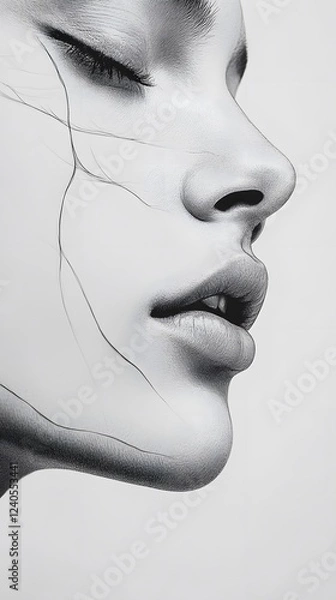 Obraz 23. A human face with soft curves and delicate features, the bone structure outlined against a white backdrop