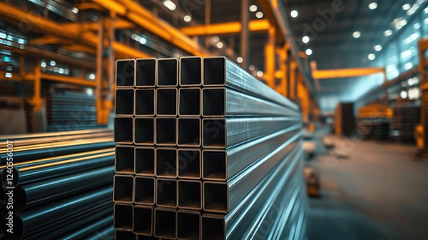 Obraz A Stack of galvanized rectangular steel pipes in a warehouse or factory. Created with Generative AI.