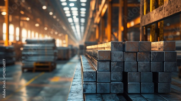 Fototapeta A Stack of Square Bars Steel in a warehouse or factory. Created with Generative AI.