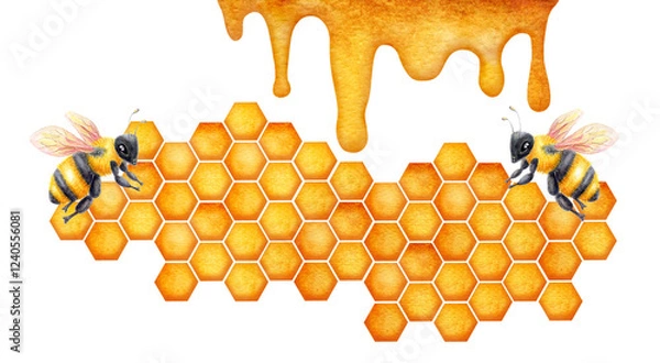 Obraz World Bee Day, May 20. Honeycomb watercolor drawing with bees. Concept save the bees and ecology and ecosystem. Healthy natural nutrition.