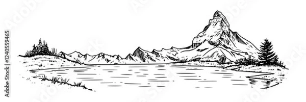 Obraz mountain landscape with lake and trees in monochrome hand-drawn sketch