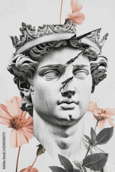 Fototapeta Minimalist collage featuring statue with broken crown and floral elements