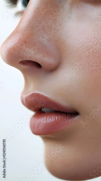 Obraz 42. A close-up of a face with a pronounced nose bridge and smooth features, soft bone structure visible, white background