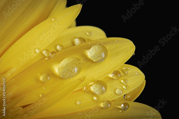 Fototapeta Water droplets in close-up on the petals of a yellow flower on a black background. Macro