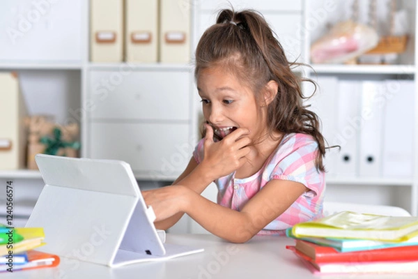 Fototapeta Portrait of girl studing with tablet at classroom