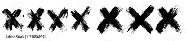 Obraz X creates cross marks in black ink. A modern series of grunge error or cancellation symbols. Isolated, rough brush strokes, incorrect rejection icons, monochrome sketch cancellation or removal signs.