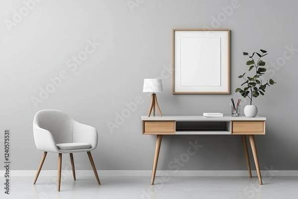 Fototapeta Minimalist and Cozy Workspace with Wall Frame and Plant Decor A clean and organized interior design that promotes productivity creativity and a relaxing ambiance for work or study