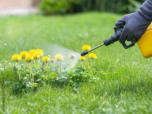 Fototapeta person spraying eco friendly weed killer on dandelions in green lawn, promoting healthy garden. vibrant yellow flowers contrast with lush grass