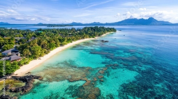 Fototapeta A scenic highway winding through lush green mountains with a red convertible driving under a golden sunset.