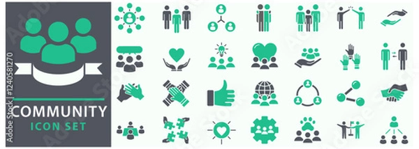 Fototapeta Community icon set. Containing people, friendship, social, diversity, village, relationships, support and community development icons. Set icon collection.