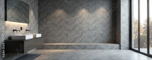 Fototapeta Sleek gray tile, modern fixtures, minimalist design, architecture, luxury, wall
