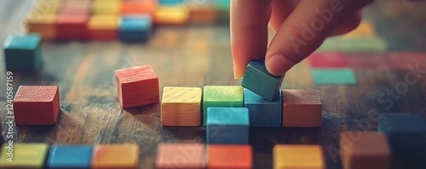 Fototapeta Hand Building Colorful SWOT Concept With Wooden Blocks, 