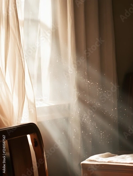 Fototapeta Sunlight streaming through curtains revealing indoor dust particles that trigger allergies