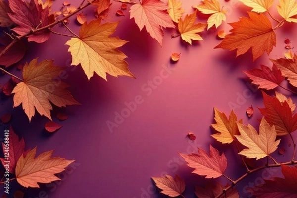 Obraz Dry orange metallic leaves, violet backdrop Geometric autumnal design , geometric pattern, template