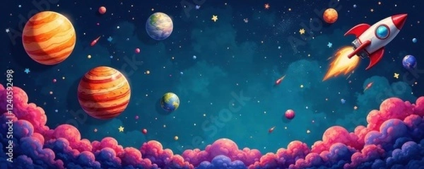 Obraz Whimsical hand-drawn planets, stars, comets, and rockets , sun, cosmic, outer space