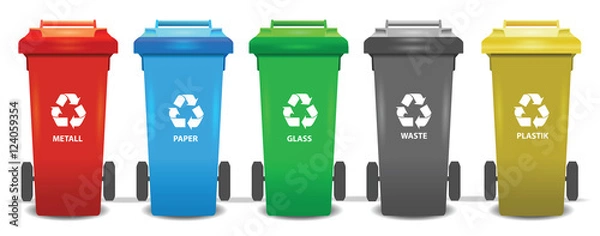 Fototapeta Colorful recycle trash bins isolated white, vector set. Big containers for recycling waste sorting - plastic, glass, metal, paper