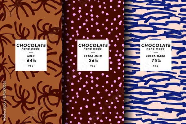 Fototapeta Vector set of templates contemporary abstract cover and patterns for chocolate and cocoa packaging with labels. Minimal modern backgrounds