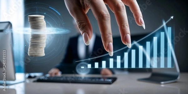 Obraz woman hand on financial growth chart, digital graph, glowing statistics and hand touching pointing, futuristic interface, blue technology background, data visualization, touchscreen display, modern