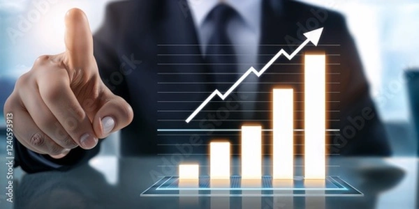 Fototapeta businessman pointing upward trend with his finger bar graph, line graph, data visualization, corporate success, stock market analysis
