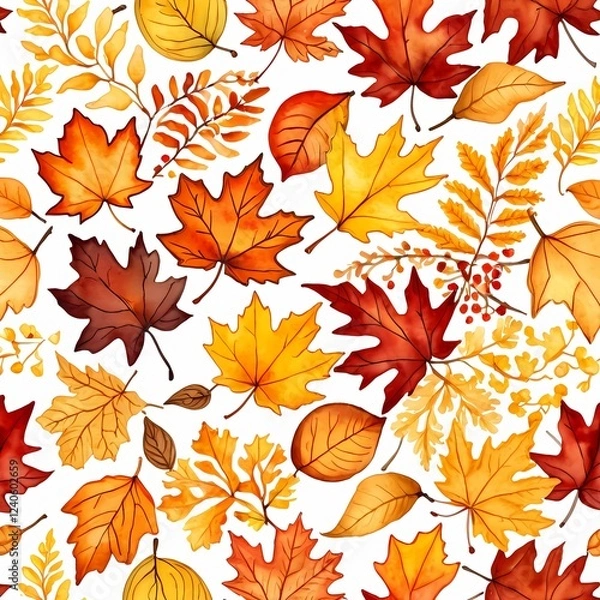 Fototapeta autumn leaves seamless pattern in watercolor with fall foliage of maple, oak, and ginkgo leaves, cozy and seasonal design, for paper products, seasonal fabrics