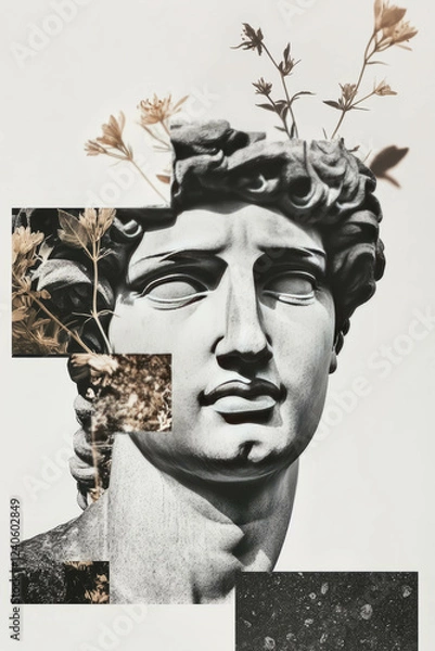 Fototapeta Minimalist collage of a statue base intertwined with geometric shapes and flowers