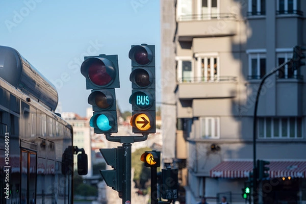 Fototapeta Traffic lights show red and green signals, indicating movement for vehicles and buses.