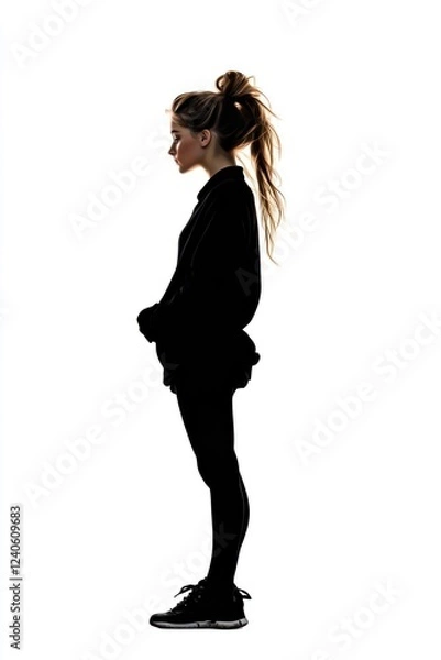 Fototapeta A girl's silhouette stands confidently against a plain background, showcasing artistic and minimalist elements that celebrate femininity and empowerment