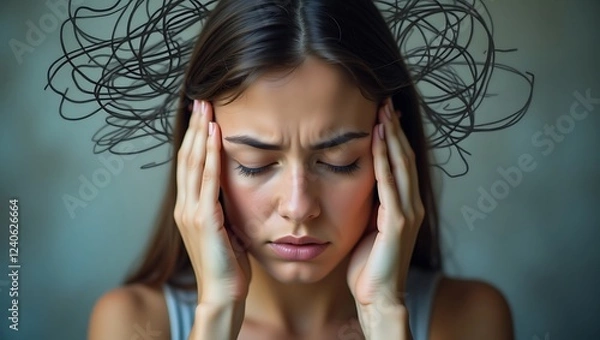 Fototapeta A close-up of a young woman holding her head with eyes closed, surrounded by abstract scribbles symbolizing anxiety and mental distress in a soft blurred setting.