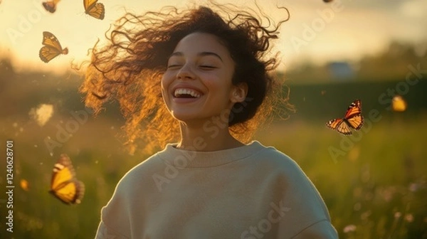 Obraz Joyful woman with curly hair smiling amidst butterflies in a sunny field. A moment of happiness and freedom in nature.