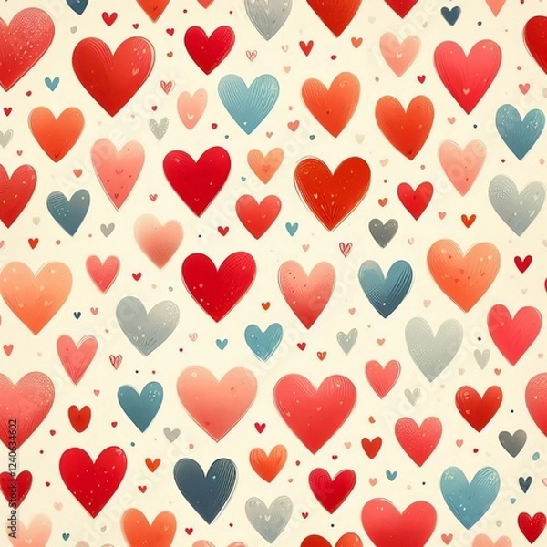 Fototapeta The image is a repeating pattern of hearts on a light beige background.  
