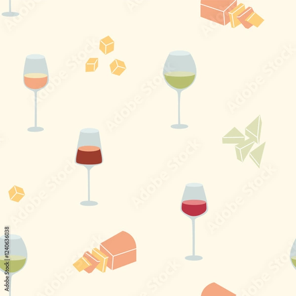 Fototapeta Seamless pattern featuring wine bottles, glasses and cheese on cream background. Concept of wine and food pairing