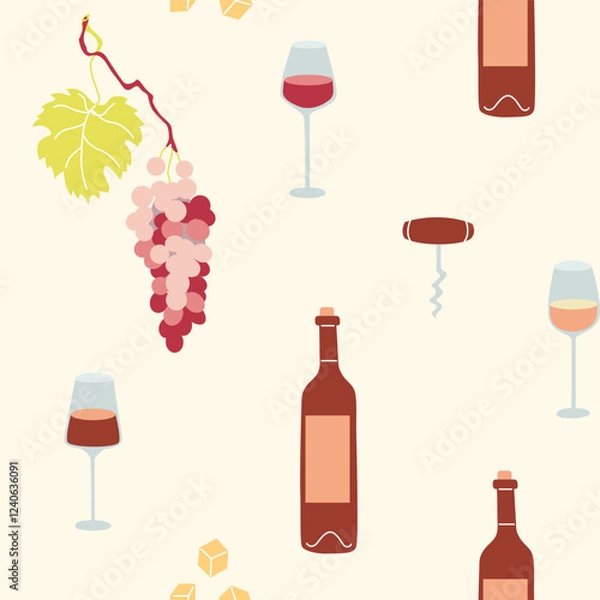 Fototapeta Seamless pattern featuring wine bottles, glasses, grapes, and cheese on cream background. Concept of wine and food pairing. Perfect for fabric and restaurant beverages menu.