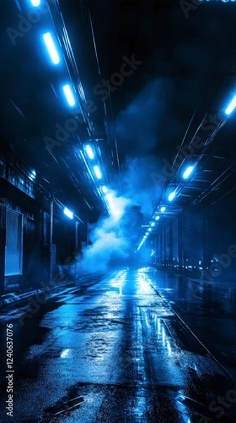 Fototapeta Mysterious Nighttime Alleyway Glowing with Neon Blue Lights