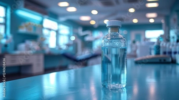 Fototapeta A small pocket-sized disinfectant solution bottle, placed on a doctor's workstation.
