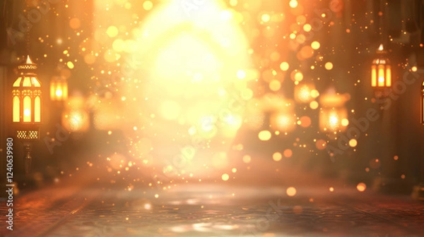 Fototapeta Ethereal corridor illuminated by glowing lanterns, with shimmering particles dancing in the air