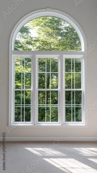 Fototapeta Spacious interior features large windows that provide beautiful views of the green trees in the park outside during daylight