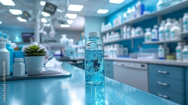 Obraz A small pocket-sized disinfectant solution bottle, placed on a doctor's workstation.