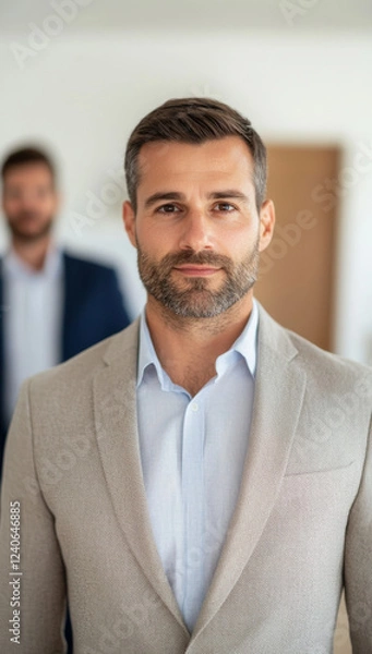 Obraz Professional man in light suit with beard, smiling confidently