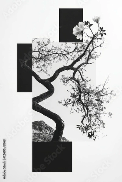 Fototapeta Minimalist collage featuring abstract tree branches and geometric shapes