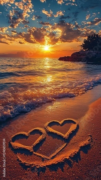 Fototapeta Two heart shapes etched in sand by the shore during a vibrant sunset over the ocean