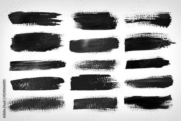 Fototapeta Various black paint strokes arranged in different styles and textures on a plain background for creative design purposes