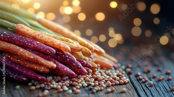 Obraz Artistic Representation of Borlotti Beans with Tilt Shift Selective Focus Effect in a Rustic Environment