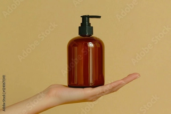Obraz A hand gripping an amber spray bottle, shown on a neutral-colored backdrop.