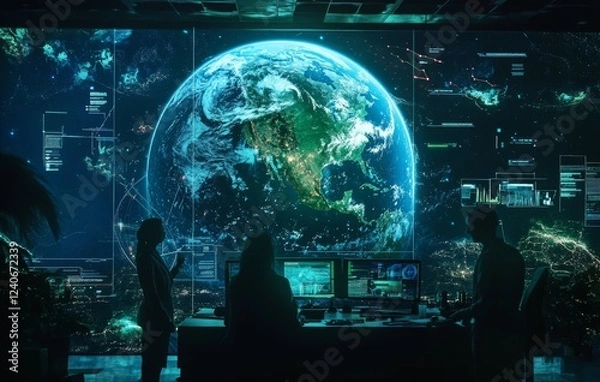 Fototapeta High-Tech Command Center Viewing Advanced Earth Data Visualizations of the Planet